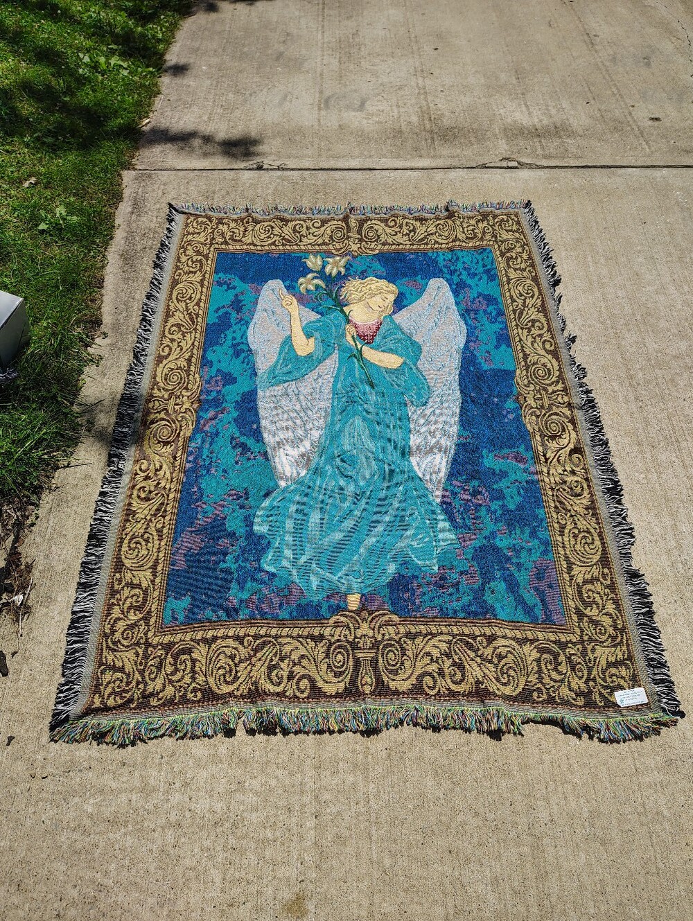 Vtg Woven Tapestry Throw Blanket Angel Callas Lilies USA Jacquard Fringe 50 X 67